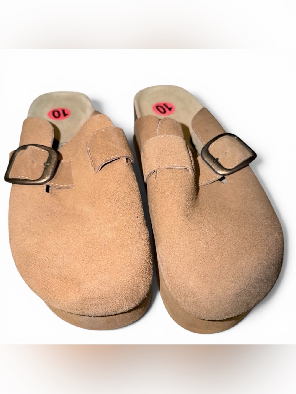 Women's Suede Slip-On Mule Clog with Buckle in Tan - Picture 1 of 4